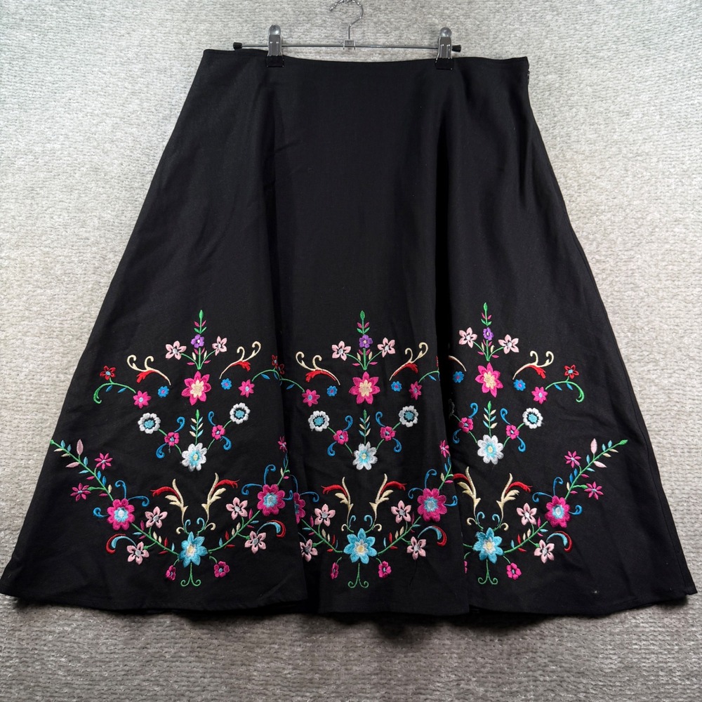 Willi Smith Skirt Floral Embroidered Linen Blend 12 Black Boho Midi Skirt